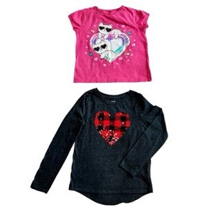 Girls Lot 2 Shirts- Pink Short Sleeves Cat-Gray Long Sleeves Heart- Size M 7/8